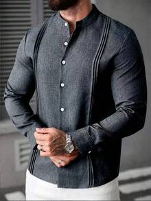 Manfinity CasualCool 男士純色單排扣休閒百搭日常穿著長袖襯衫 - 深灰色 - 查看 6