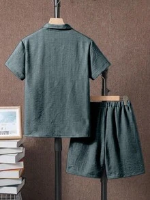 Genkimix Kids 青少年男孩短袖單排扣襯衫與短褲休閒套裝 - 軍綠色 - 查看 2