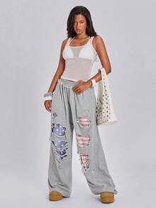 ROMWE Spring/Summer Y2K Hot Girl Street Music Festival Sports Festival Distressed Patchwork American Flag Print Loose Wide Leg Low Waist Sweatpants Long - Grey - View 3