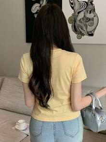 DAZY Camiseta de manga corta de unicolor versátil y casual de verano - Amarillo - Ver 2