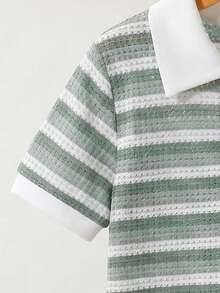 SHEIN 小男孩夏季條紋短袖 Polo 衫與短褲套裝 - 綠色 - 查看 7