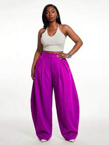 SHEIN SXY Plus Size Women's Solid Color Pleated Wide Leg Loose Casual Elegant Pants Office Formal Purple Summer - Purple - View 5