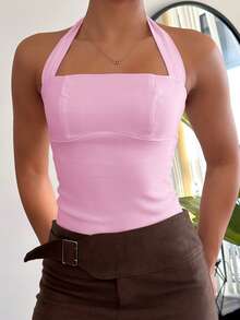 leahseptember Solid Color Pleated Halter Neck For Summer, Form-Fitting Top,Business Casual Top,Office Wear, Baby Pink Backless Women - Baby Pink - View 6