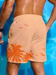 Manfinity KASUA Men's Palm Tree Print Drawstring Waist Beach Shorts - Orange - View 2
