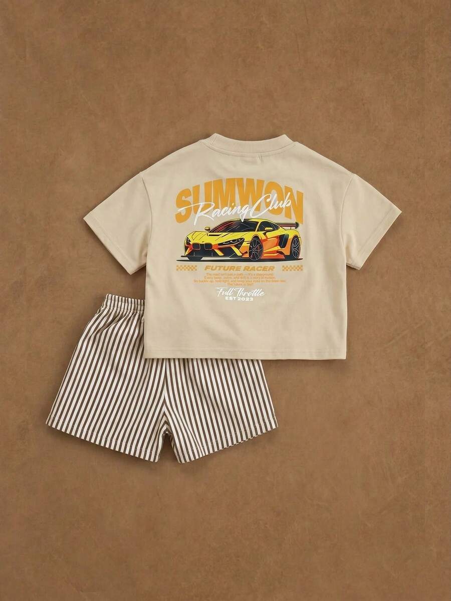 SUMWON 男童賽車圖案套裝 短袖T恤與條紋短褲 夏季度假休閒穿搭 - 卡其色 - 查看 1