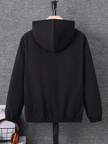 SHEIN 青少年男孩休閒字母圖案印花連帽夾克，輕量寬鬆版型拉鍊連帽外套 - 黑色 - 查看 4