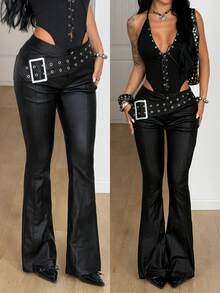Jeanoix Y2K Fashion Belted Low Waist Flare Leg Women's Pants - Black - View 8