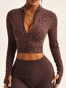 Slayform Slayform 1pc Women's Seamless Mock Neck Leopard Print High Stretch Drawstring Waist Running Fitness Yoga Long Sleeve Sweatshirt Brown,Autumn,Sexy,Gym Shirts - Coffee Brown - View 4