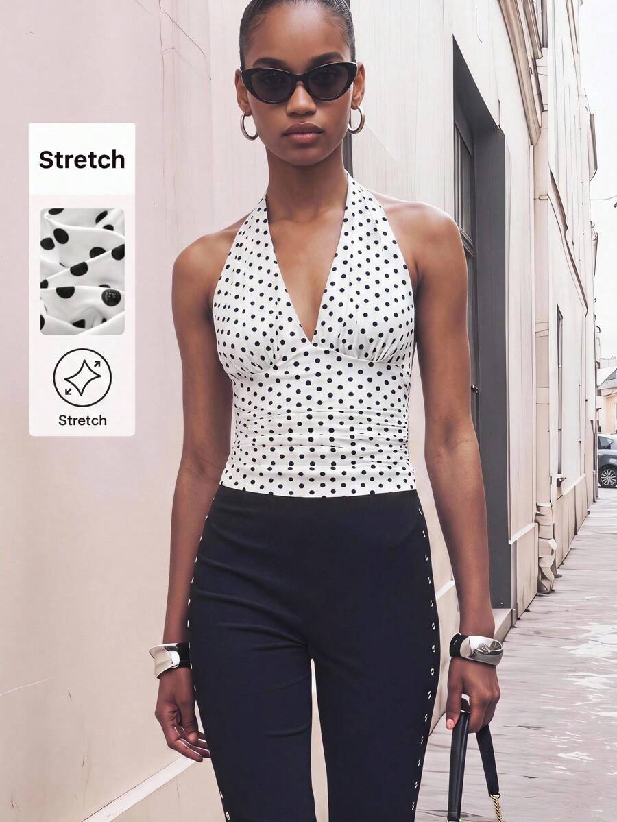 Maija Top casual versatile da donna con scollo all'americana a pois per uso quotidiano - Bianco e nero - Visualizzare 1