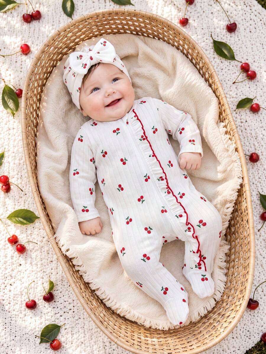 SHEIN Vintaside Kids 新生女嬰白色條紋甜美可愛鬆款前開拉鍊荷葉邊連身褲附腳套兩件套拍照裝 - 杏色 - 查看 1