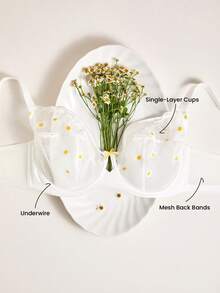 LUVLETTE Plus Daisy Embroidered Elegance Lingerie Lounge Curve Full Coverage Breathable Unlined Floral Lace White Sheer Minimizer Mesh Bridal Intimates Bra - White - View 2