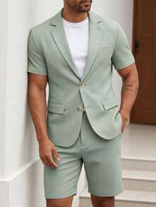 Manfinity Bizformal Men's Sage Green Summer Short-Sleeved Suit Blazer & Suit Shorts,Smart Casual Vacation Daily Business Parties,Casual Fashion Commuter,Formal,Ceremony - Green - View 4
