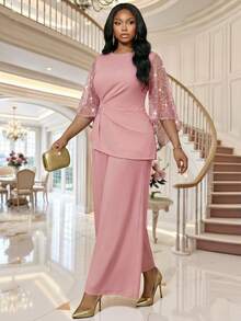 SHEIN Lady Plus Size Elegant Party Sequin Mesh Patchwork Top & Pants 2 Pieces Set - Baby Pink - View 3
