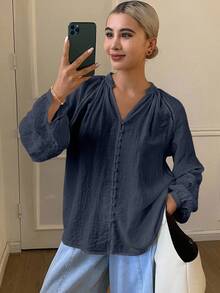 DAZY Women's Casual Loose Stand Collar Button Lantern Sleeve Contrast Lace Blouse, Suitable For Vacation In Autumn Long Sleeve Women - Navy Blue - View 5