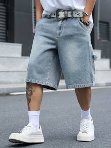 Manfinity EMRG 男士街頭風休閒刺繡藍色牛仔短褲 - 淺色水洗藍 - 查看 7