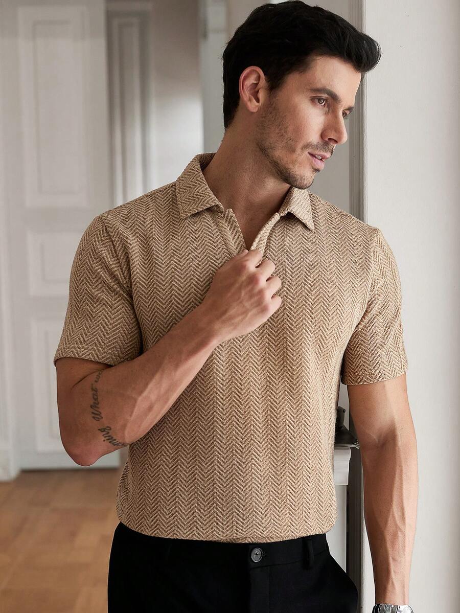 Core Aspect Men's Herringbone Textured Knit Short Sleeve Polo Shirt, Vintage Mature Commuter Half-Button Casual Versatile POLO Top - Khaki - View 1