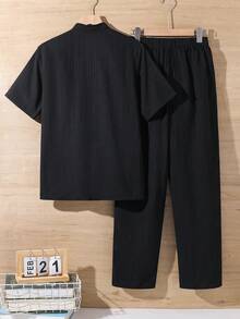 SHEIN 2件組青少年男孩寬鬆版型彩色拼接小馬Logo印花立領短袖針織上衣與長褲套裝，適合生日派對、晚會、表演、婚禮、洗禮、開幕式、日常穿著、校園穿著、旅行穿著、運動穿著，春/夏 - 黑色 - 查看 4