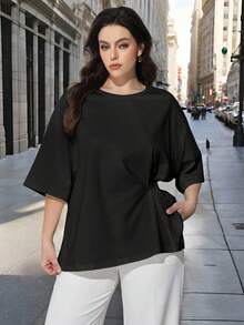 Maija Damen-T-Shirt in Große Größen, einfarbig, mit Rundhalsausschnitt, Drop-Shoulder, Knoten an der Taille, Seitenschlitz am Saum, lässig, Business Casual, gestrickt/gewebt, elegant, für Herbst und Halloween - Schwarz - Übersicht 1
