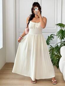 SHEIN EZwear Plus Size Summer Casual Fairy Elegant Solid Color Sleeveless Dress Dates Wedding Guest Vacation Beige - Apricot - View 6