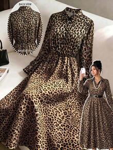 Elenzga Plus Size Women's Summer Elegant Casual Vintage Leopard Print Lapel Long Sleeve Elastic Waist Long Brown Casual Dress - Brown - View 1