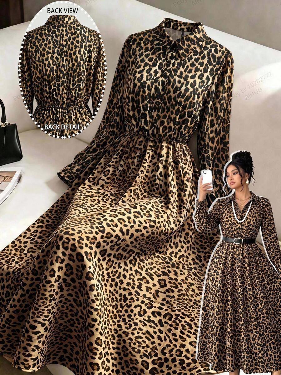 Elenzga Plus Size Women's Summer Elegant Casual Vintage Leopard Print Lapel Long Sleeve Elastic Waist Long Brown Casual Dress - Brown - View 1