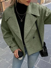 Struktiv 女款大翻領裝飾鈕扣長袖羊毛混紡外出夜穿橄欖綠秋季休閒優雅秋冬款 - 軍綠色 - 查看 3