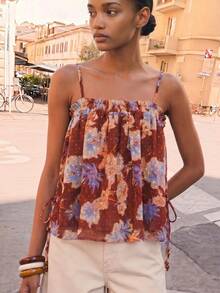 Maija Women's Summer Boho Floral Chiffon Pleated Babydoll Cami Top, Elegant Casual Vacation Holidays, Beach Festival Party Country Style Top - Multicolor - View 1