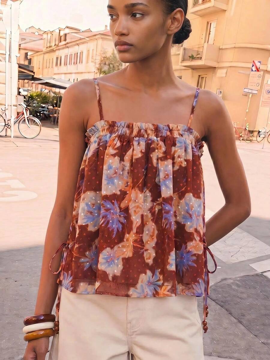 Maija Women's Summer Boho Floral Chiffon Pleated Babydoll Cami Top, Elegant Casual Vacation Holidays, Beach Festival Party Country Style Top - Multicolor - View 1
