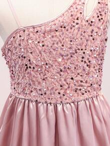 Gaun Satin Patchwork Payet Mewah untuk Musim Pernikahan, Model Satu Bahu dengan Potongan Cami, Bagian Depan Pendek dan Belakang Panjang, Bagian Belakang Pendek, Gaun untuk Pesta Prom, Pertunjukan, Pesta Ulang Tahun, Perjamuan, dan Semua Musim. - Berwarna merah muda - View 6