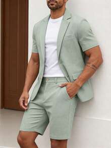 Manfinity Bizformal Men's Sage Green Summer Short-Sleeved Suit Blazer & Suit Shorts,Smart Casual Vacation Daily Business Parties,Casual Fashion Commuter,Formal,Ceremony - Green - View 7