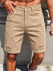 Manfinity LEGND Men's Spring/Summer Street Style Casual Distressed Ripped Straight Leg Khaki Denim Shorts - Khaki - View 5