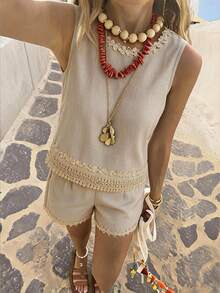 Travachic Women's Spring/Summer Casual Commute Lace Plain With Ruffle Round Neck Tank Top And Shorts 2-Piece Set - Apricot - View 1