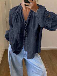 DAZY Women's Casual Loose Stand Collar Button Lantern Sleeve Contrast Lace Blouse, Suitable For Vacation In Autumn Long Sleeve Women - Navy Blue - View 6