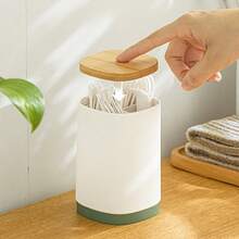 Retractable Pop Up Toothpick Holder With Bamboo Lid, Multi Compartment Toothpick Dispenser Storage Organizer, Portable Auto Toothpick Case Container For Kitchen Countertop Dining Table, Grey & White - View 4
