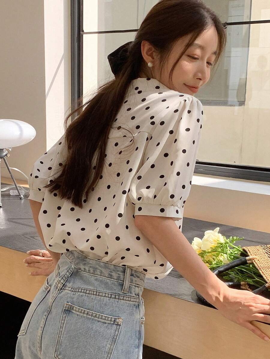 DAZY Polka Dot Puff Sleeve Blouse - Beige - View 1