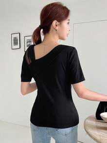 DAZY Contrast Mesh Asymmetrical Neck Tee Going Out Tops - Black - View 7