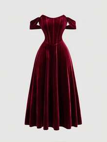 SHEIN CURVE+ Christmas Plus Size Women's Vintage Romantic Red Faux Bone Design Off-Shoulder Dress - Burgundy - View 6