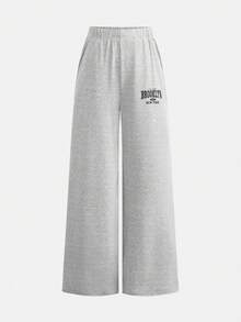 SHEIN 青少年女孩字母印花灰色針織T恤與長褲2件套，休閒日常百搭套裝 - 灰色 - 查看 8
