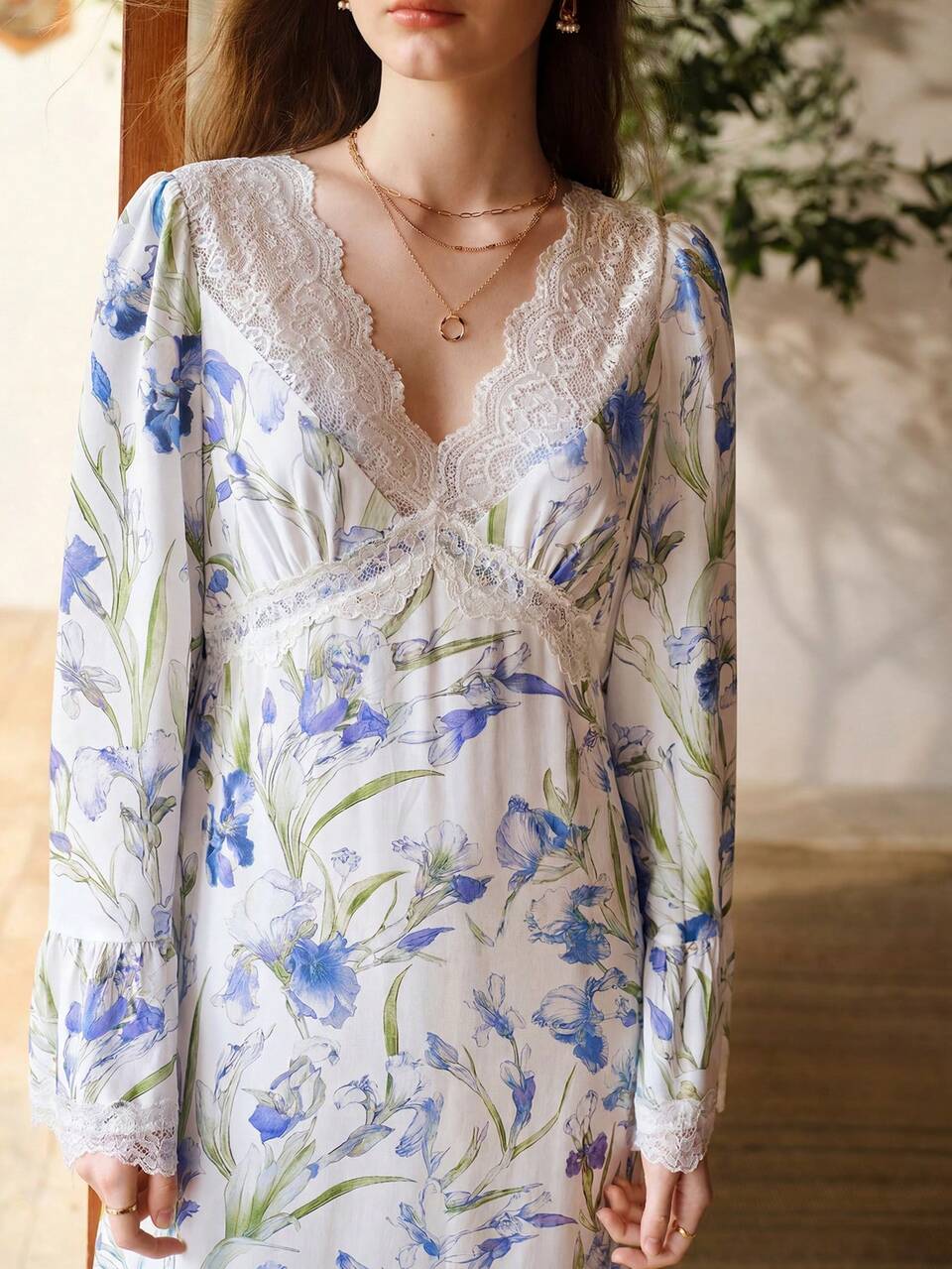 MOTF LACE PATCHWORK ALLOVER FLORAL PRINT LONG SLEEP DRESS , SPRING SUMMER