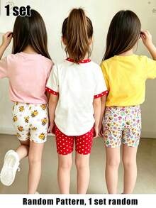 (3 conjuntos aleatorios, se envía 1 conjunto) Conjunto de pantalones cortos de ciclismo básicos para niñas pequeñas de verano con estampado de abeja de dibujos animados, flor colorida, arcoíris, mariquita roja y lunares - Multicolor - Ver 2