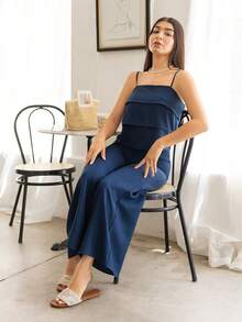 Andrea Bello 女款夏季休閒荷葉邊細肩帶上衣與寬鬆長褲兩件套居家服套裝，優雅風格 - 藏蓝色 - 查看 6