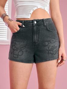 HELLO KITTY AND FRIENDS | SHEIN Women's Casual Versatile Daily Denim Shorts With Pockets And Buttons - Blue - View 3