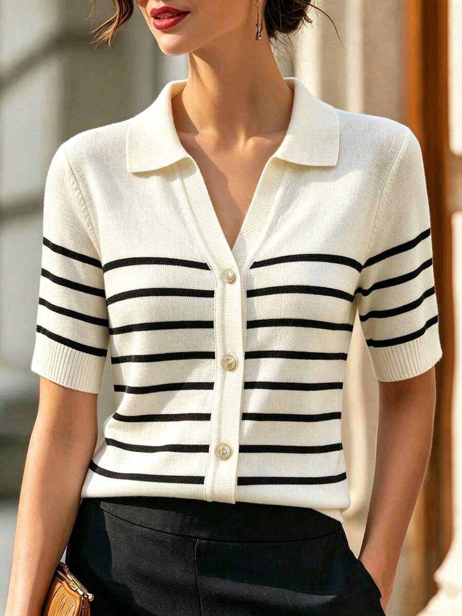 SHEIN 新款夏季溫柔韓系休閒通勤百搭女款POLO領針織上衣 - 黑與白 - 查看 1