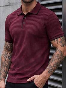 Manfinity CasualCool 男士紋理鈕扣半開襟短袖 Polo 衫 - 酒紅色 - 查看 3