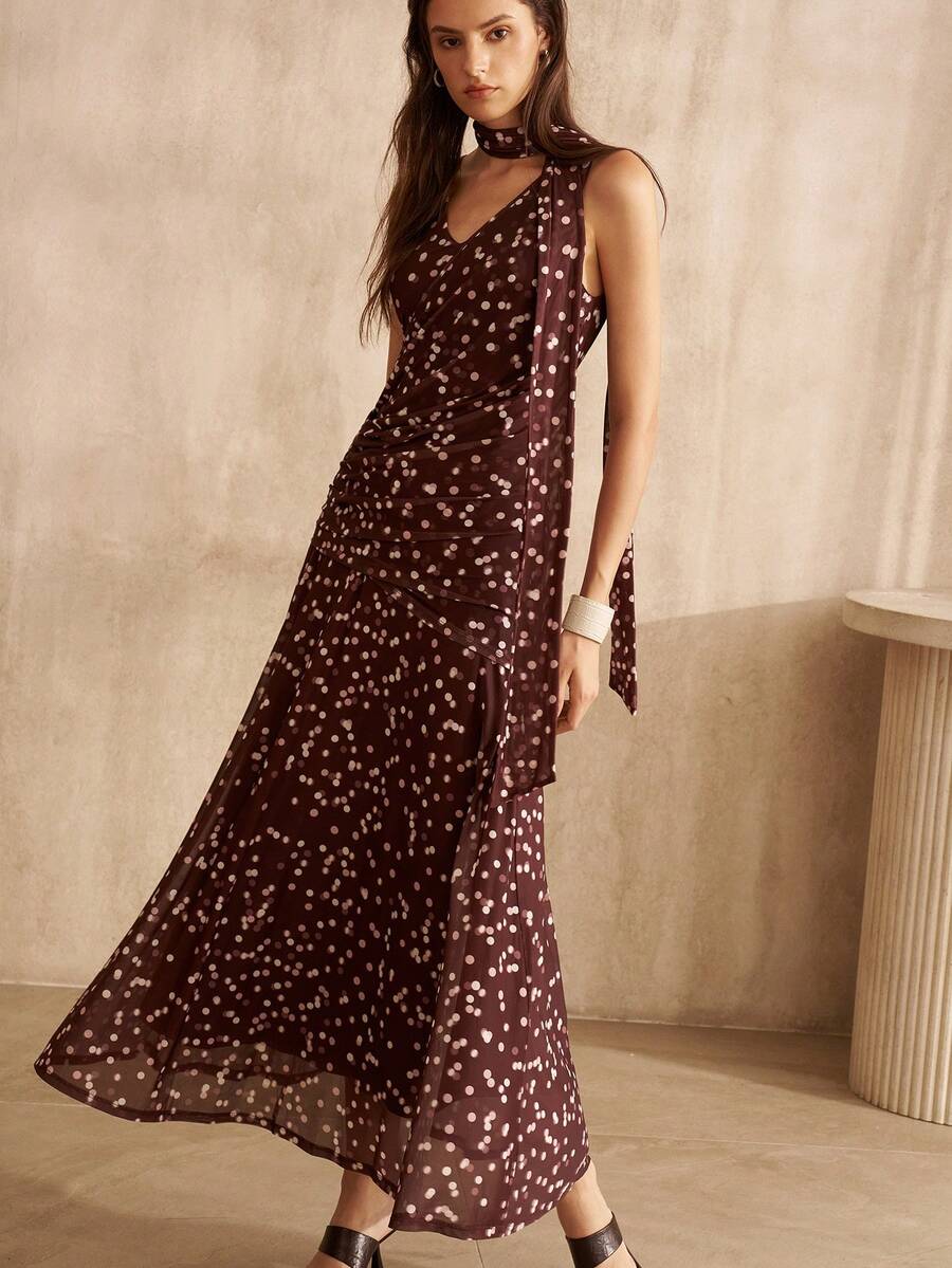 MOTF PREMIUM Vestido largo sin mangas con cuello en V y estampado de lunares para mujer, estilo de moda para ir al trabajo - Café - Ver 2