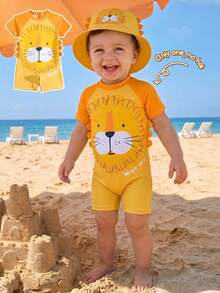 SHEIN Baby Boy Cartoon Tiger Printed Back Zipper One-Piece Swimsuit With Side 3D Decoration - Multicolor - View 1