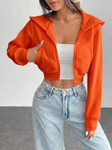 SHEIN PETITE 女款純色前拉鍊長袖口袋極簡連帽夾克 - 橘色 - 查看 6