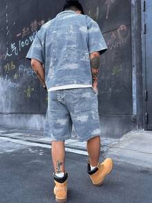 DAZY 男士紋理布料短袖襯衫與短褲休閒牛仔套裝 夏季 - 藍色 - 查看 2