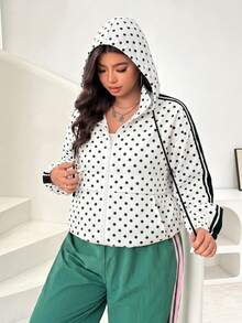 SHEIN EZwear 女款大尺碼波點拉鍊口袋長袖連帽夾克 - 黑與白 - 查看 6