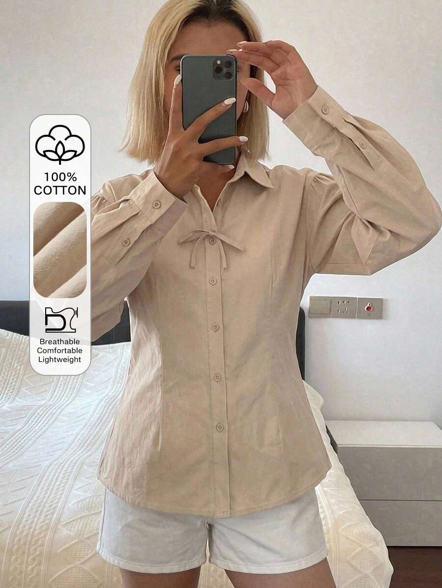DAZY 女款純色單排扣休閒百搭日常穿著襯衫 度假風 - 杏色 - 查看 1